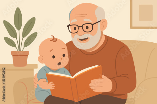 Grandfather reading a story book to a baby grandson. Senior man holding a grandchild on his lap. Family generations bonding and storytelling. Early childhood education concept vector.