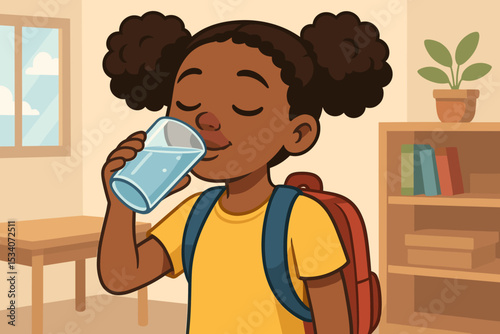 Cartoon of a thirsty Black schoolgirl drinking water in a classroom. Cute African American student with backpack hydrating. Healthy habit, wellness, refreshment vector illustration.