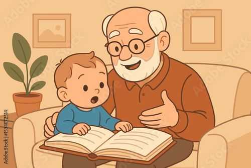 Grandfather reading a book to his grandson on the sofa. Senior man and little child enjoy storytelling. Family bonding, intergenerational love, and early childhood education concept.