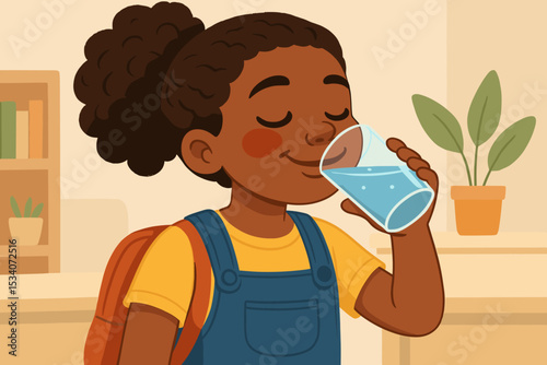 Thirsty African American school girl drinking a glass of water. Cute black child staying hydrated for health. Healthy lifestyle and wellness concept. Student feeling refreshed vector.