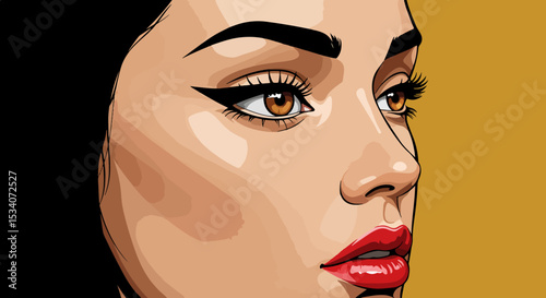 Close-up portrait of a woman with bold eyeliner and deep red lipstick against a gradient background