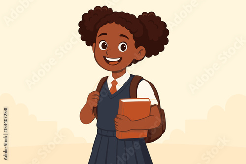 Happy African American schoolgirl excited for back to school. Cute Black female student character in uniform with backpack and book. Elementary education and learning concept vector.