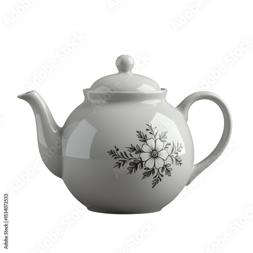 White Teapot with Black Floral Design, Transparent Background, Elegant Asset