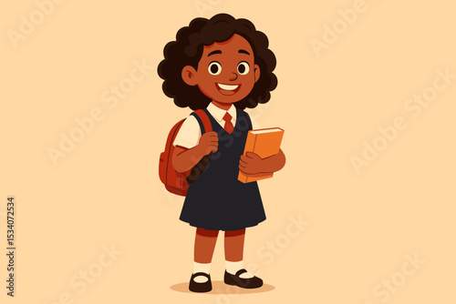 Happy African American schoolgirl in uniform with a backpack and book. Excited black student character returning to school. Back to school concept. Education and learning vector art.