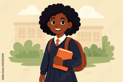 Happy African American schoolgirl in uniform with backpack and book. Cute black student returning to school. Education concept flat vector illustration for elementary school.