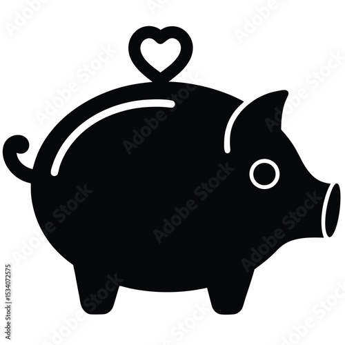 Black and white vector illustration of a piggy bank with a heart on top for saving