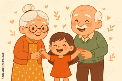 Happy Grandparents Day greeting card. Cute cartoon illustration of grandparents with their granddaughter. Elderly couple and child smiling, holding hands. Family love concept vector.