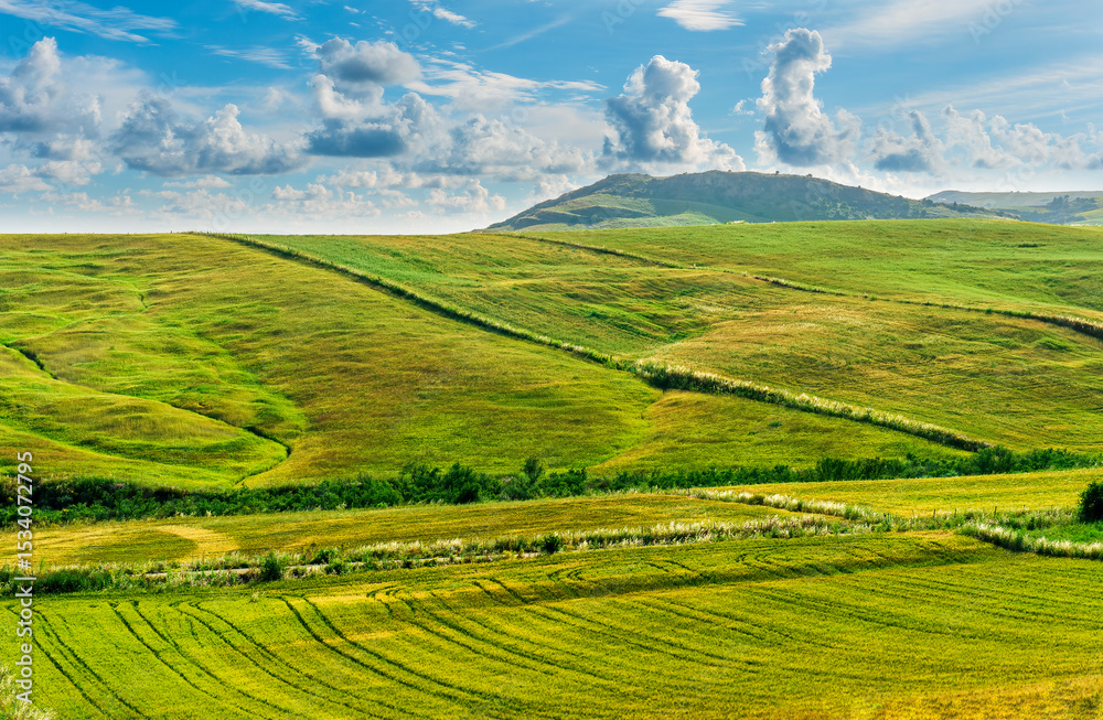 Fototapeta premium amazing golden summer landscape of beautiful golden wheaten field with scenic farmland view to picturesque hills and colorful sunset cloudy sky on background