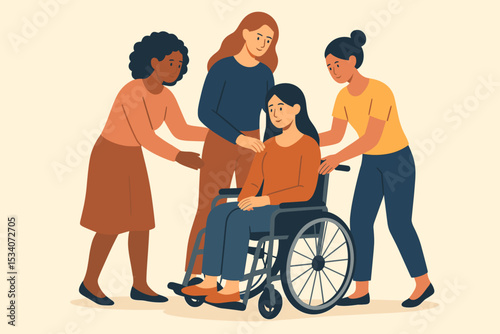Women supporting women concept. Group of diverse female friends caring for a disabled woman in a wheelchair. Community, empathy, friendship, and inclusivity vector illustration.