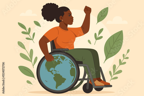 Black disabled woman in wheelchair as eco warrior with Earth globe wheels. Activist with raised fist for climate justice, diversity, inclusion, empowerment and environmental protest.
