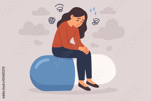 Sad depressed woman sits on a giant pill. Mental health concept. Medication for depression, anxiety disorder. Psychology illustration. Antidepressant therapy and treatment concept.