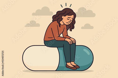 Sad depressed woman sitting on a giant pill. Metaphor for mental health, depression, anxiety, stress, medication dependence, and psychiatric treatment. Psychology illustration.