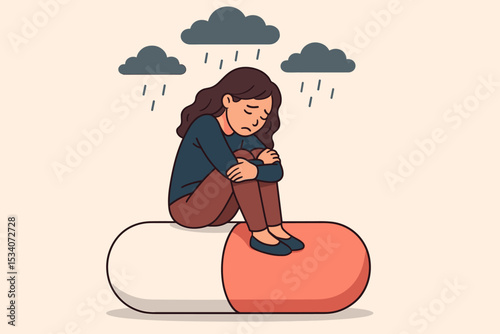 Sad depressed woman sitting on a big pill. Mental health concept. Loneliness, anxiety, and depression treatment with medication. Antidepressant therapy vector illustration.