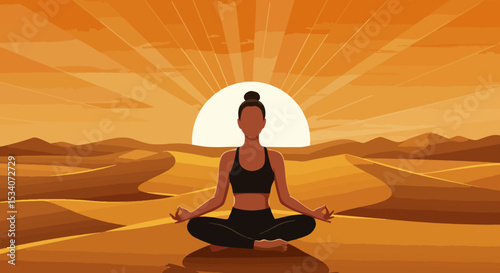 Female in black athletic wear meditating on platform in desert at sunrise or sunset