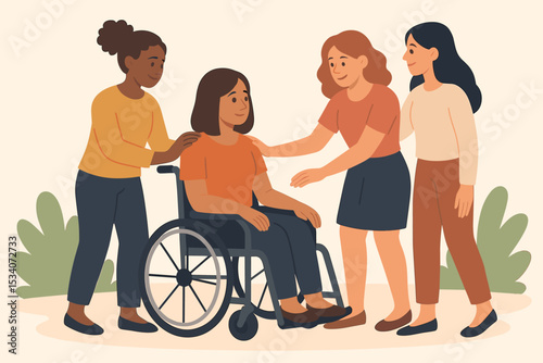 Diverse group of women supporting friend in wheelchair. Female friendship, solidarity, and empowerment concept. Inclusion and community care for disabled people. Vector illustration.