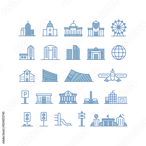 Collection of modern city buildings and icons representing architecture and urban environment
