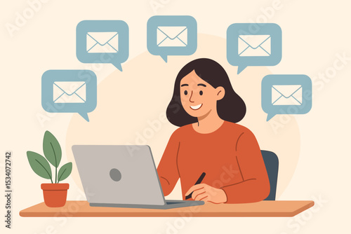 Email marketing communication concept. Woman working on laptop with stylus, email messages notification, digital correspondence workflow, office workspace, remote work, modern workplace illustration