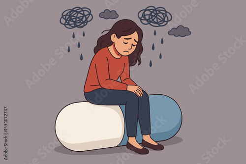 Sad depressed woman sits on a giant pill. Concept for depression, anxiety, mental health disorder and medication treatment. Psychology vector illustration with tangled thoughts.