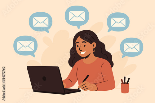 Email marketing concept with a businesswoman working on a laptop. Freelancer sending newsletters and messages. Digital communication, online correspondence and customer support vector.