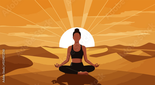 Female in athletic wear meditating in the desert at sunrise or sunset
