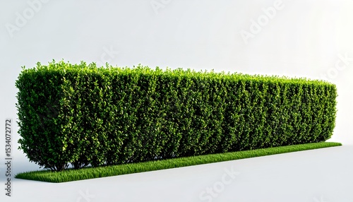 Natural-looking hedge shrub with uneven edges, photographed in soft morning light, placed against a pale grey background, medium height, realistic surface detail photo