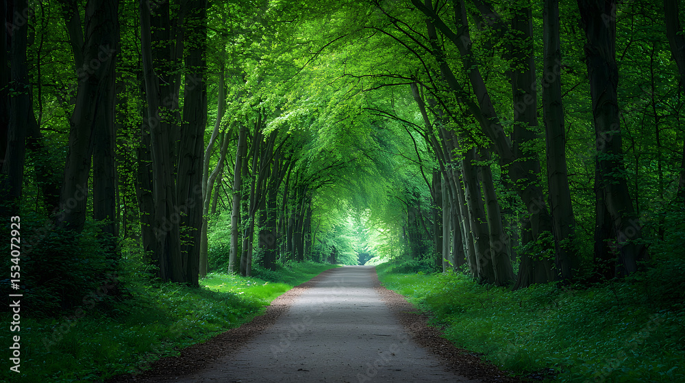 Fototapeta premium Walkway in a green spring beech forest in Leuven, Belgium. Beautiful natural tunnel