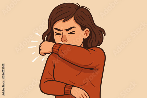 Cartoon Woman Coughing or Sneezing Into Elbow, Preventing Germ Spread, Hygiene Illustration, Cold and Flu Season, Concept for Illness Prevention, Health and Safety Vector Design