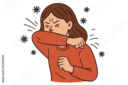 Sick woman sneezing into elbow to prevent virus spread, cold and flu symptom, hygiene and infection prevention, cartoon illustration, healthcare, airborne illness, germs protective measures