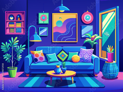 vector of Vibrant and playful blue room with blue sofa, colorful cushions, and attractive artwork.