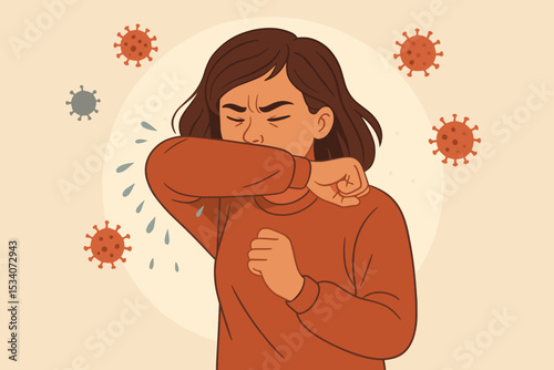 Sick woman sneezing elbow illustration. Virus prevention hygiene concept. Arm cough etiquette. Disease spread germs. Coronavirus COVID-19 protection. Healthcare flu symptoms. Infection control.