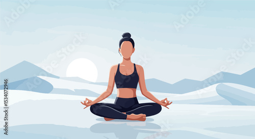 Woman in meditative pose with hands in mudra, seated on ground in dark blue athletic wear, with rolling hills and mountains in background