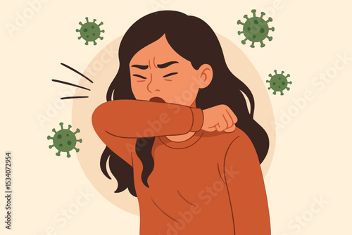 Sneezing woman covering mouth with elbow to prevent virus spread. Hygiene, flu prevention, respiratory infection, handwashing, cough etiquette, health care concept, pandemic illustration