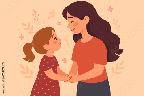 Mother and Daughter Holding Hands, Tender Family Moment, Parenting Bond, Motherhood Love, Caring, Mother's Day Celebration, Warm Cartoon Illustration, Child Trust, Happy Childhood Memories