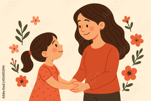 Mother's Day celebration illustration. Happy mom with daughter holding hands. Love, family bond, parenting, motherhood concept. Floral background. Warm colors. Affection, child, parent, holiday