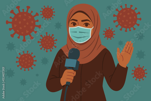 Female Muslim journalist in hijab reporting news about coronavirus pandemic. Microphone in hand, virus particles background. Health journalism, global outbreak, press coverage, public awareness