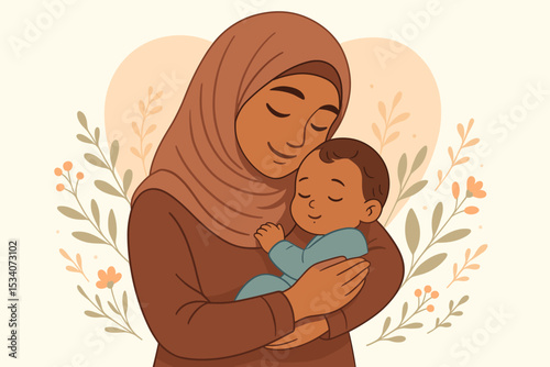 Muslim mother in hijab tenderly embracing sleeping baby, maternal love, parenthood, nurturing family, peaceful bond, floral background, caring mom and child affection illustration