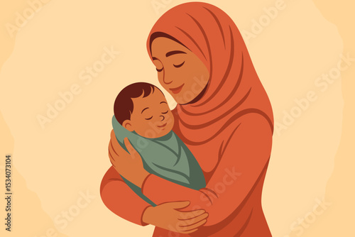 Mother and Baby Illustration. Loving Embrace. Muslim Mom in Hijab Holding Newborn Child. Maternal Care, Family Bond, Parenting, Tenderness, Motherhood Concept. Cultural Diversity, Warm Colors