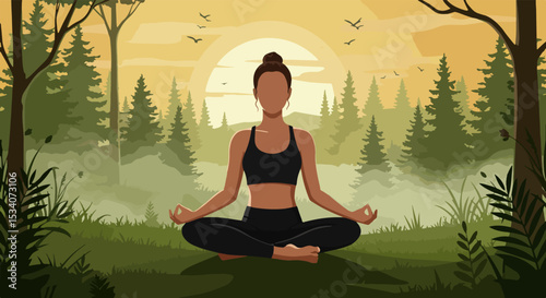 Woman in black athletic wear meditating in a lush forest with evergreen trees and birds flying