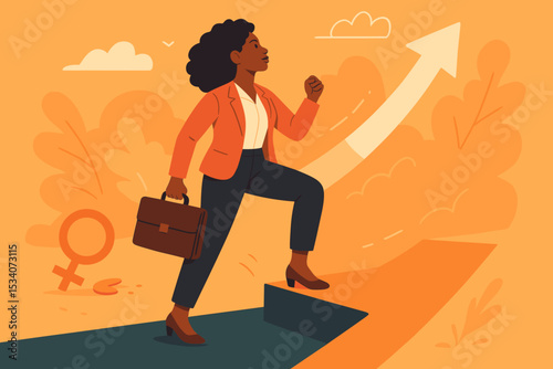 Confident businesswoman climbing career ladder breaking barriers, empowerment and leadership for women, gender equality, ambition, success, growth in business, feminist workplace concept