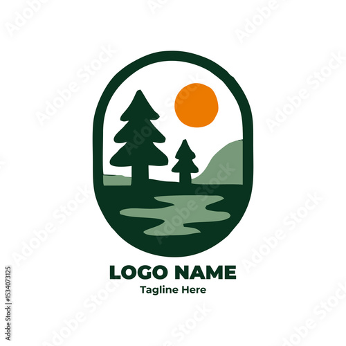 Eco camping logo, forest hiking badge, outdoor trekking design, mountain emblem, adventure icon for nature tourism branding visuals