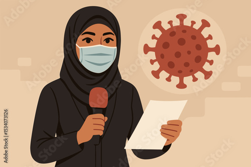 Muslim Female Journalist in Hijab Reporting Pandemic News on Air, Holding Microphone and Script, COVID-19 Virus Illustration, Breaking News Coverage, Global Health Crisis Broadcast Concept