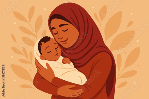 Mother embracing newborn baby in warm hug, Islamic family love, woman in hijab holding sleeping infant, maternal care, mother’s day, parenthood, bonding, peaceful affection illustration