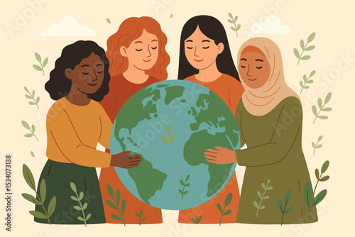 Diverse women holding planet Earth together. Multicultural female unity, environmental protection, teamwork, global sustainability, eco awareness, community support. Vector illustration