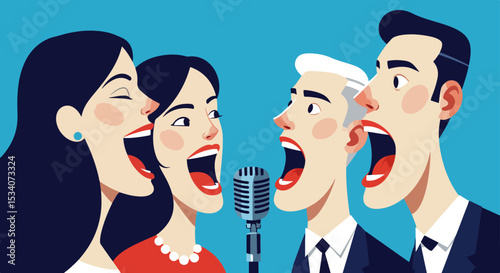 Four singers performing into a central microphone on a turquoise background