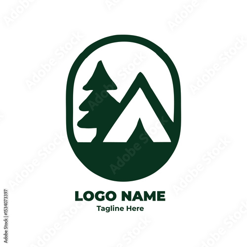 ourney logo, forest camping badge, outdoor hiking design, mountain emblem, trekking icon for travel map illustrations and gear branding