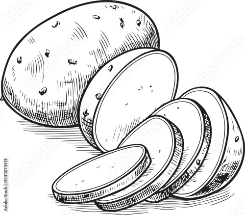Raw Sliced Potato or Potatoes Vector Illustration, Sketch Drawing Line Linear Symbol Icon Engraving Coloring Book, Hand-drawn Black and White Isolated