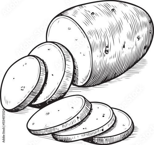 Raw Sliced Potato or Potatoes Vector Illustration, Sketch Drawing Line Linear Symbol Icon Engraving Coloring Book, Hand-drawn Black and White Isolated