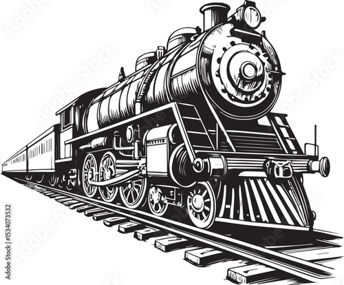 Steam locomotive train Vector Illustration, Sketch Drawing Line Linear Symbol Icon Engraving Coloring Book, Hand-drawn Black and White Isolated