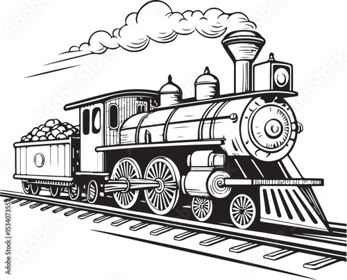 Steam locomotive train Vector Illustration, Sketch Drawing Line Linear Symbol Icon Engraving Coloring Book, Hand-drawn Black and White Isolated