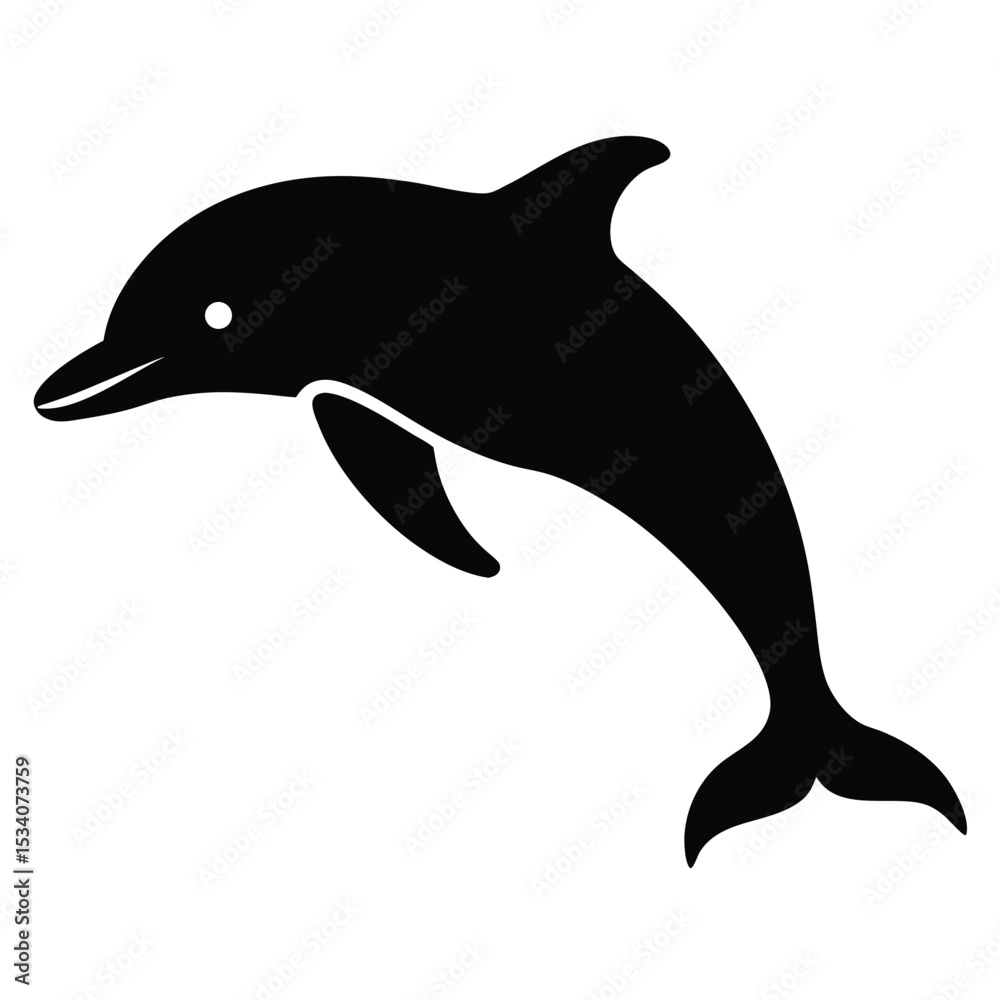 Fototapeta premium Simple black and white vector illustration of a playful swimming dolphin on white background